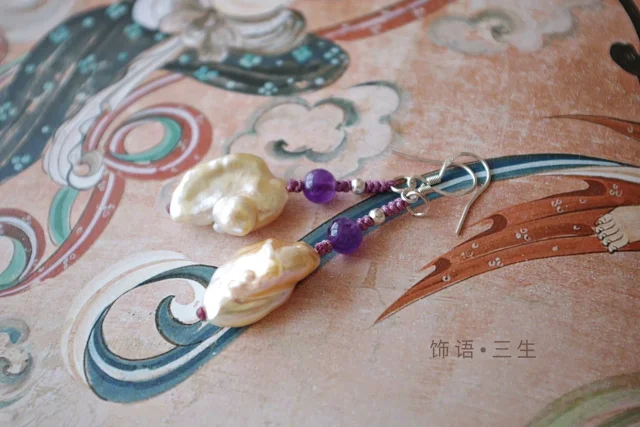 饰语手工绳编耳环耳饰耳坠异形珍珠紫水晶泰银纯银925耳勾文艺个性复古民族风饰品礼物