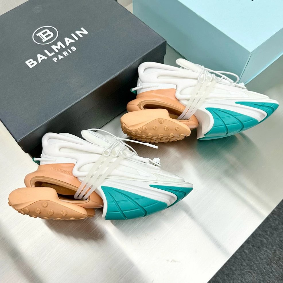 Balmain Paris B-Chain Sneakers White Peach Turquoise Sneakers Chunky Sneakers