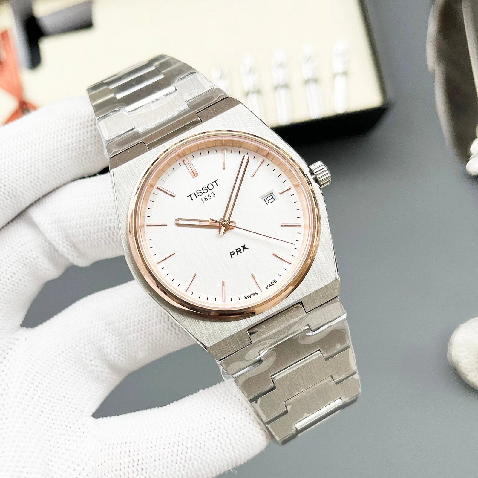 Tissot PRX Watch Two-Tone Steel Rose Gold Bezel White Dial Steel Bracelet