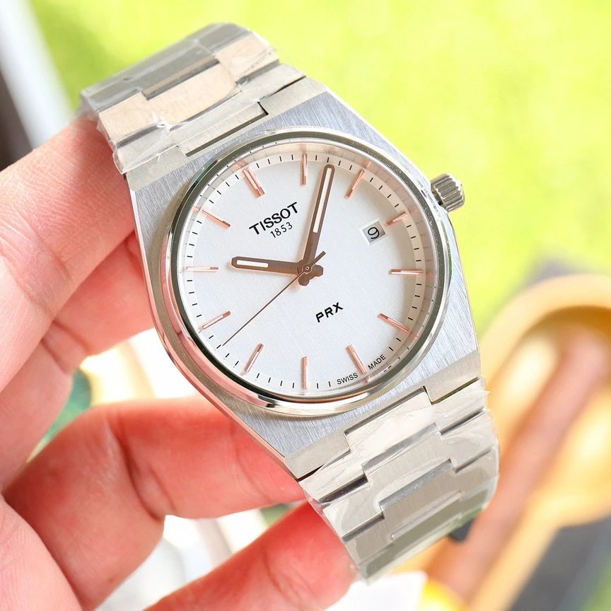 Tissot PRX Quartz Watch White Dial Silver Case Rose Gold Hands
