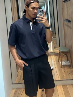 thumbnail for Real old money! Jenny ya Contrast Placket Navy Blue Pearl Cotton Polo Short sleeve T shirt