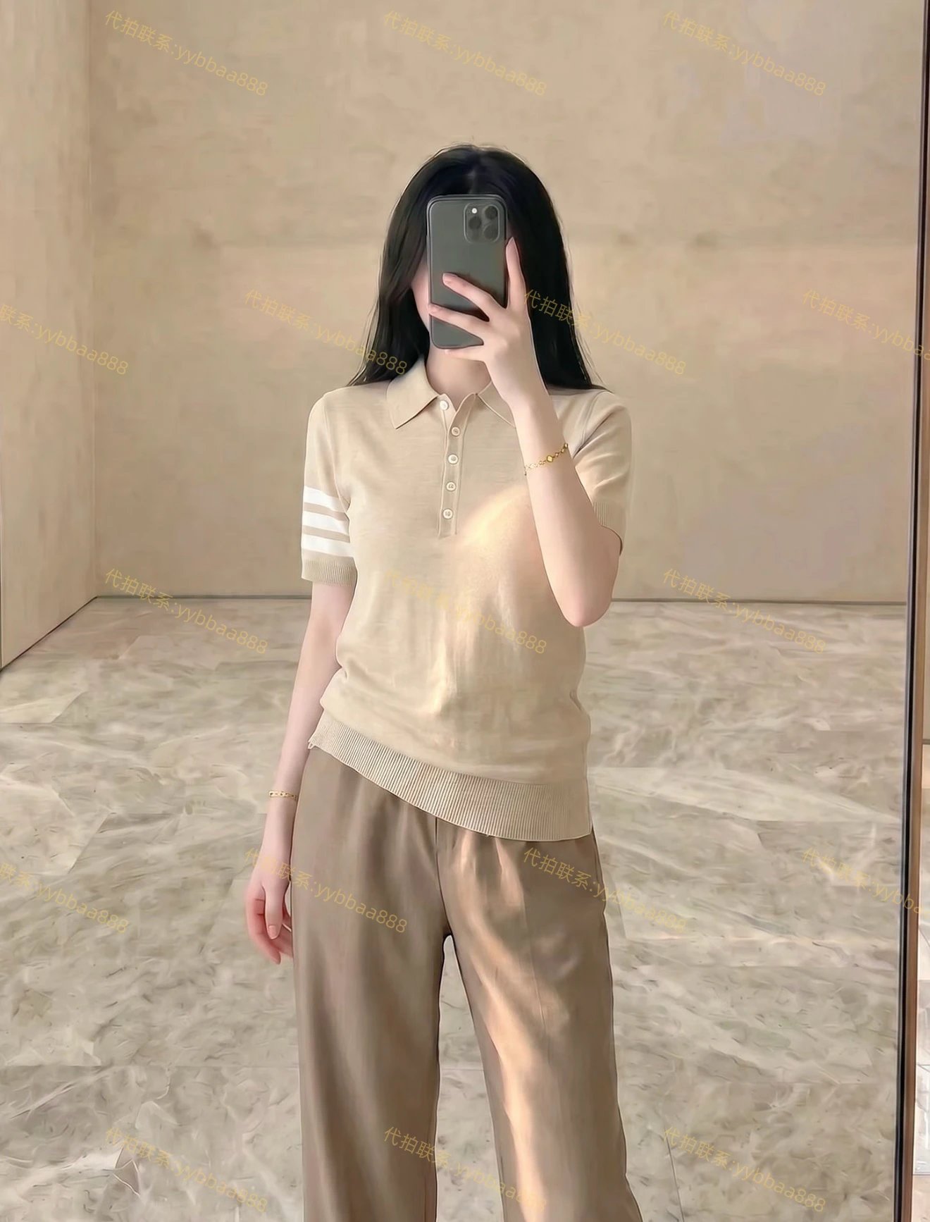 Old Pawn ✖️ Thom Browne Wool Silk Beige Short Sleeve Polo