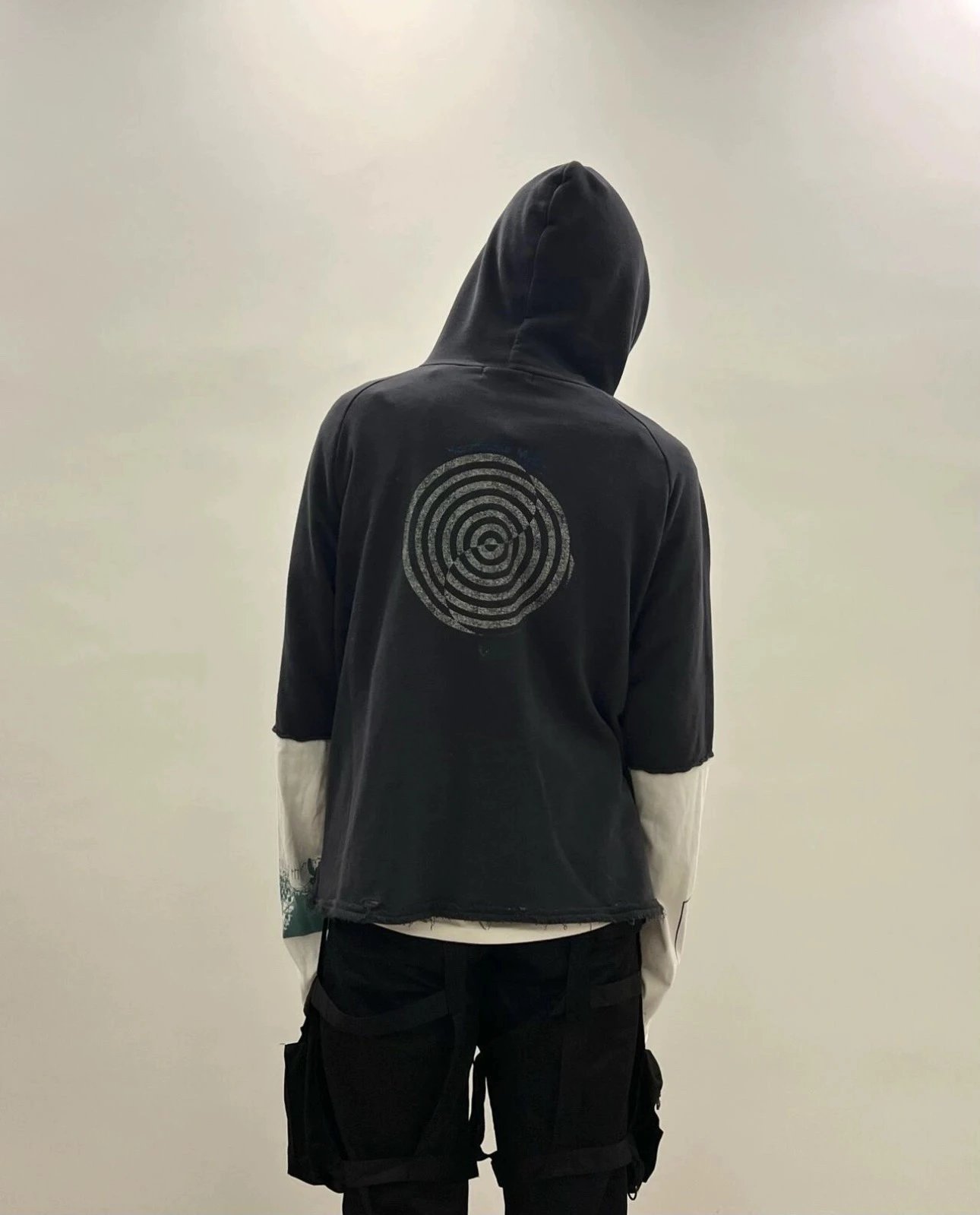 Undercover 06SS T-period Black Wormhole Distressed Patchwork Hooded Sweatshirt