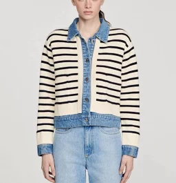 thumbnail for 2024 Spring and Summer New Women's Clothing Splicing Denim Shirt Collar Striped Knitted Fake Two-piece Single-breasted Short Jacket