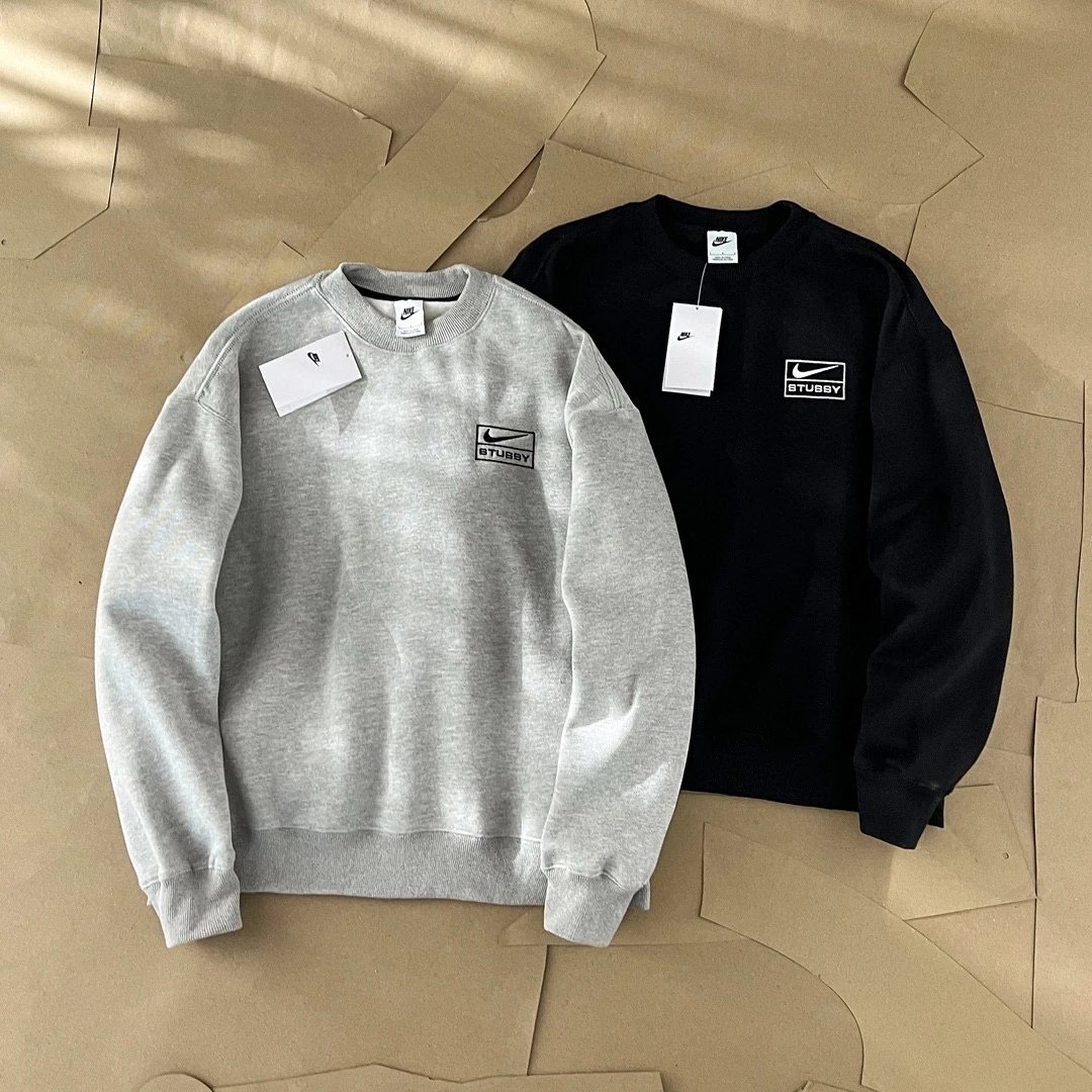 Nike x Stussy Collaboration Solid Logo Letter Embossed Fleece Crew Neck Sweatshirt - New Version 2023, Full Sizing