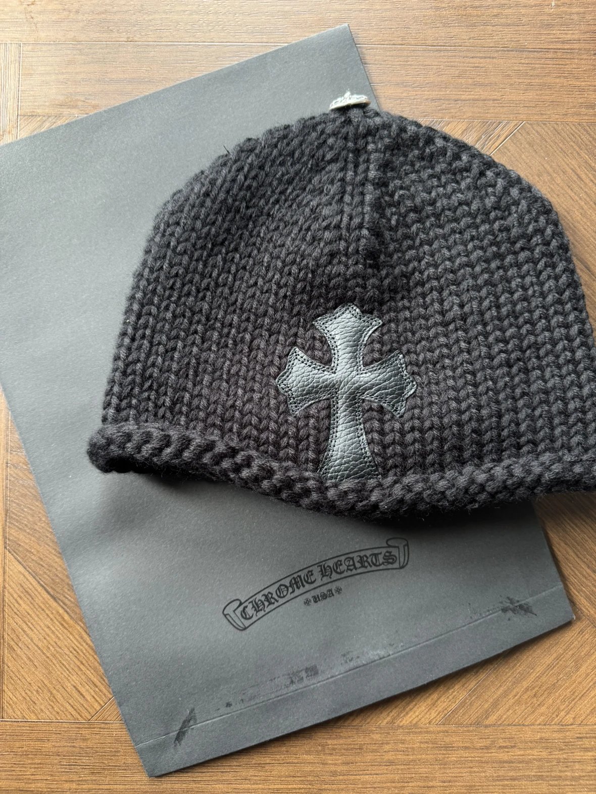 925 Silver Basic Black Stitched Leather Cross Frozen Beanie (Cashmere Material, One Size Fits All)