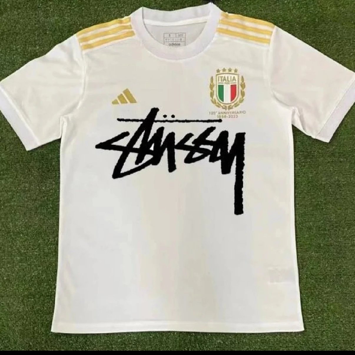 Stussy x Adidas Italy FIGC 125th Anniversary Jersey White Gold