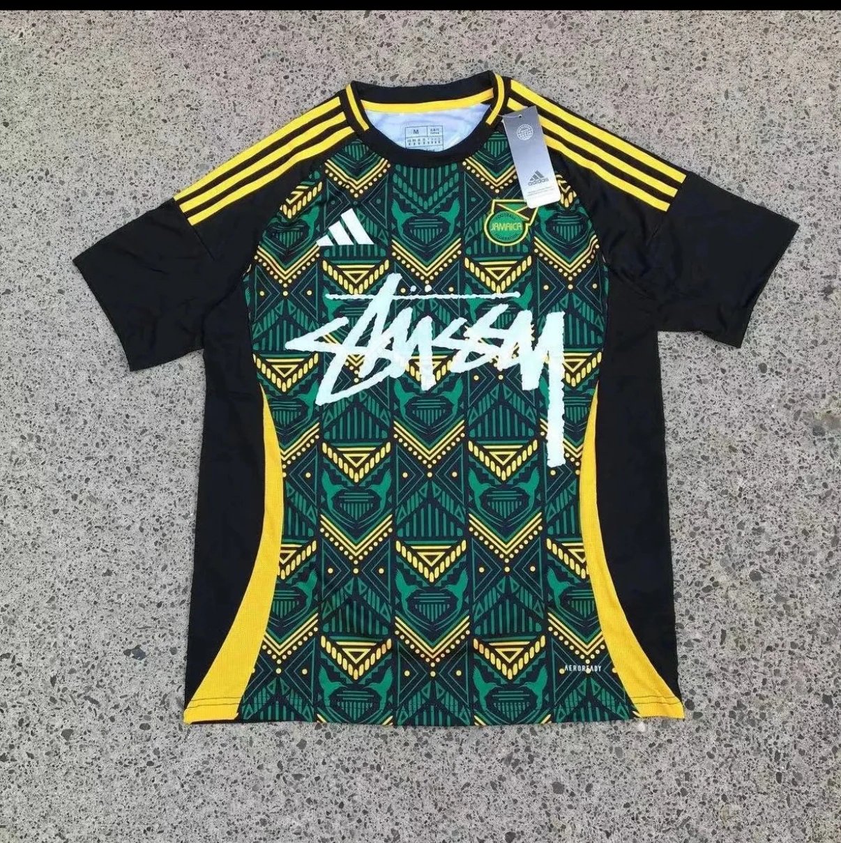Stussy x Adidas Jamaica National Team Tribal Print Jersey Green Black Yellow