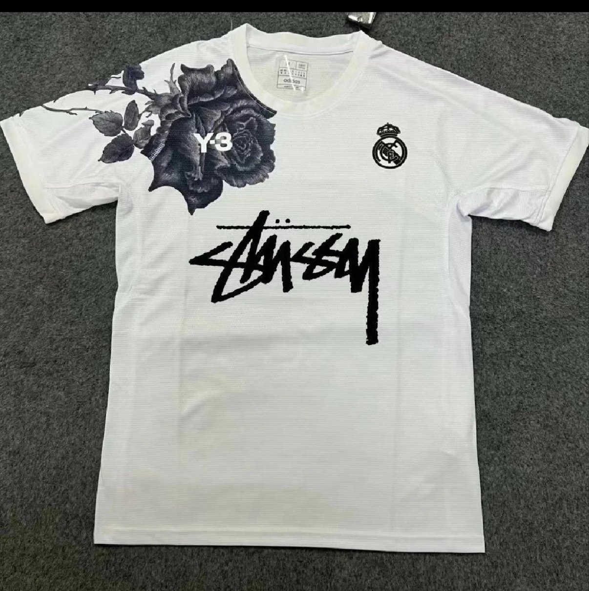 Stussy x Y-3 Real Madrid Rose Graphic Jersey White Black