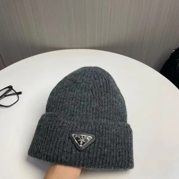 Prada Logo Patch Beanie Gray Knit Hat - 1