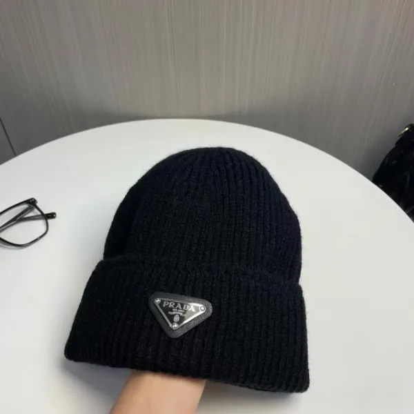 Prada Logo Patch Beanie Black Hat - 1