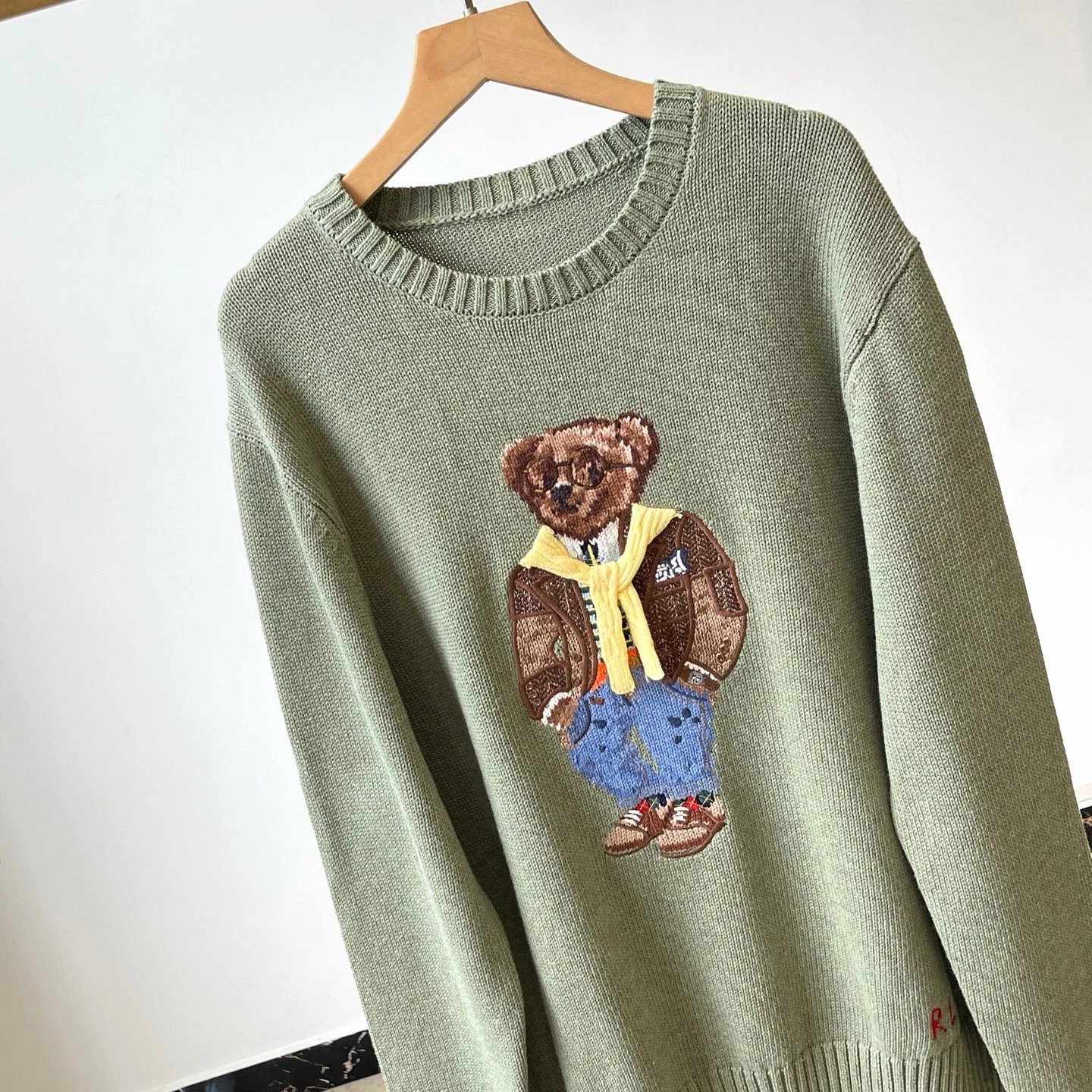 拉夫 Polo Bear男士杂色亚麻色棉质毛衣