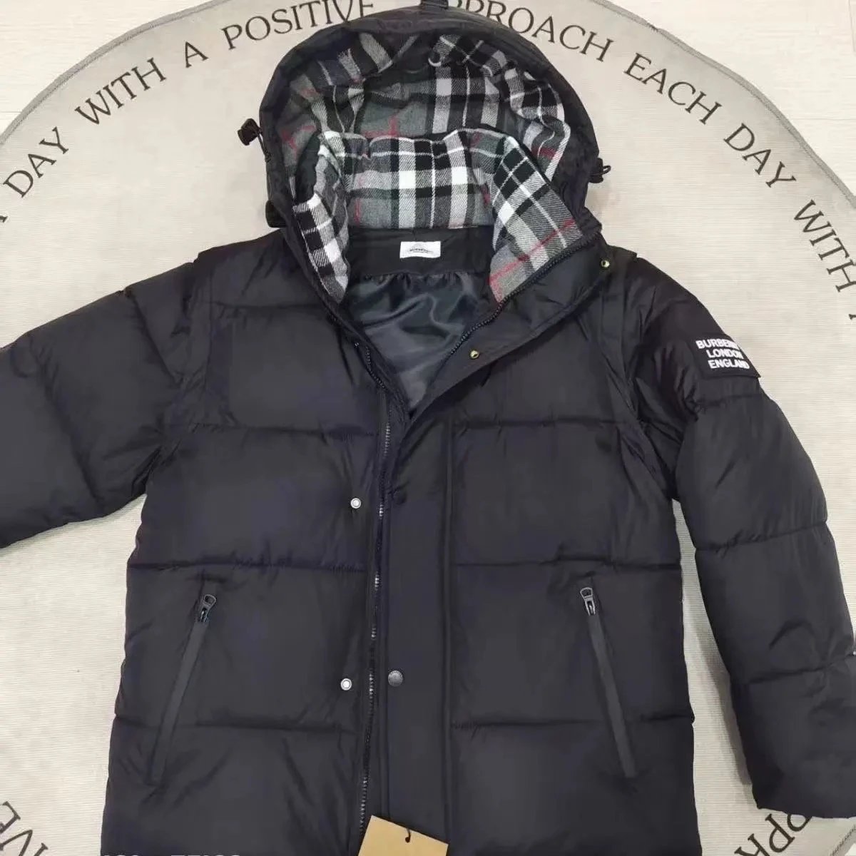 Down Jacket in Black Red Plaid