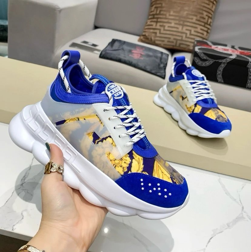 Versace Chain Reaction Blue Gold Print Chunky Sneakers