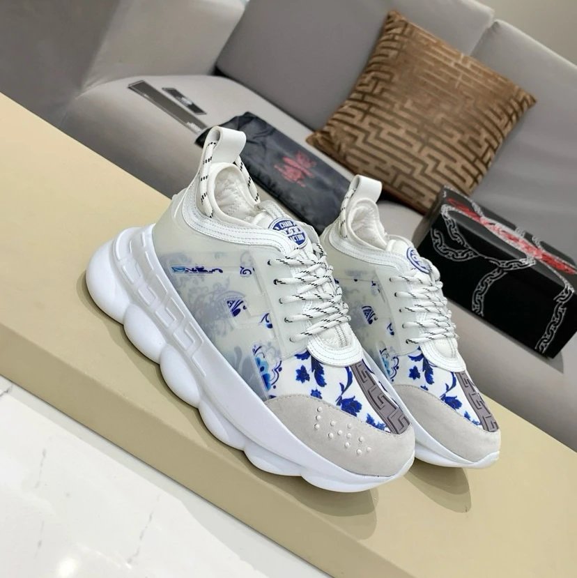 Versace Chain Reaction Sneakers White Blue Porcelain Print Chunky Sneakers