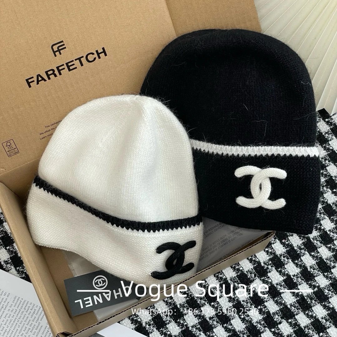 Chanel Black and White Knit Beanie Hats
