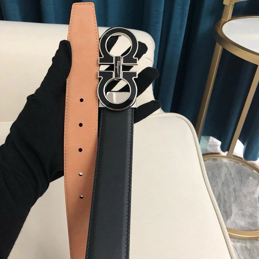Salvatore Ferragamo Gancini Double Gancini Belt Black and Tan Leather Belt