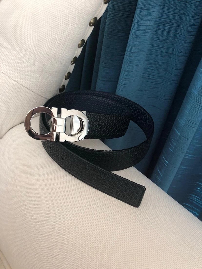 Salvatore Ferragamo Gancini Embossed Leather Belt Gray - 68