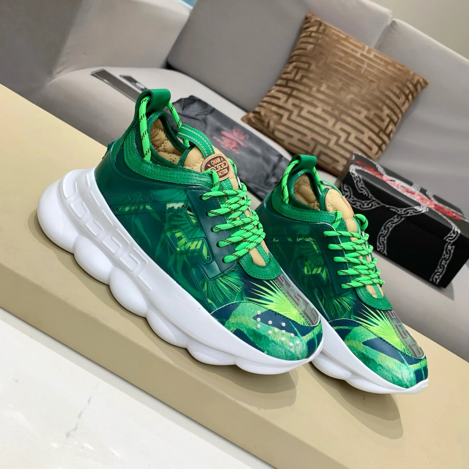 Versace Chain Reaction Jungle Green Print Sneakers Chunky Sneakers