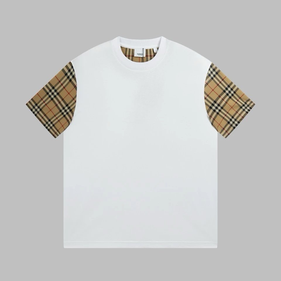Burberry White T-Shirt with Plaid Sleeves