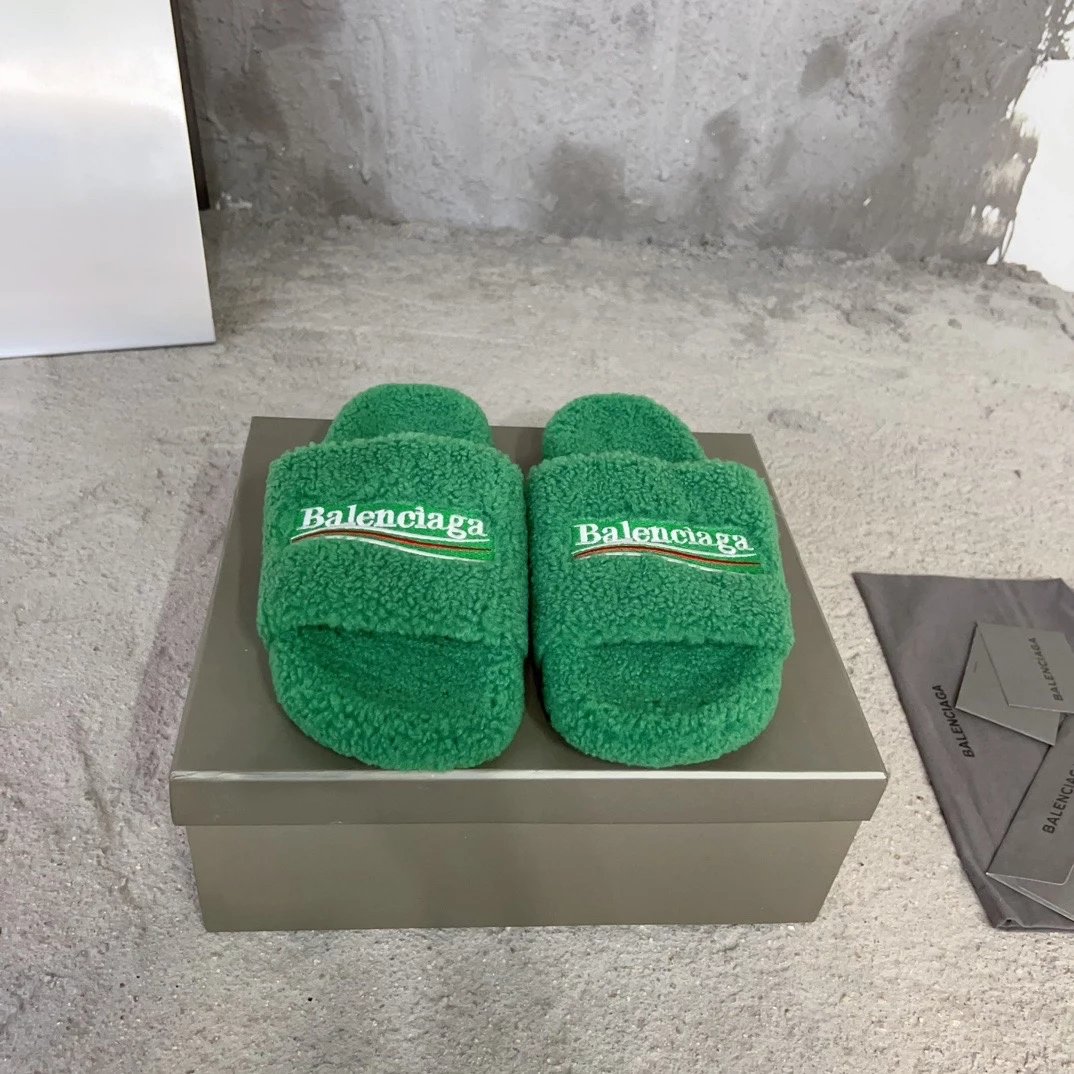 Balenciaga Slippers Embroidered Logo Teddy — As shown in Figure 11