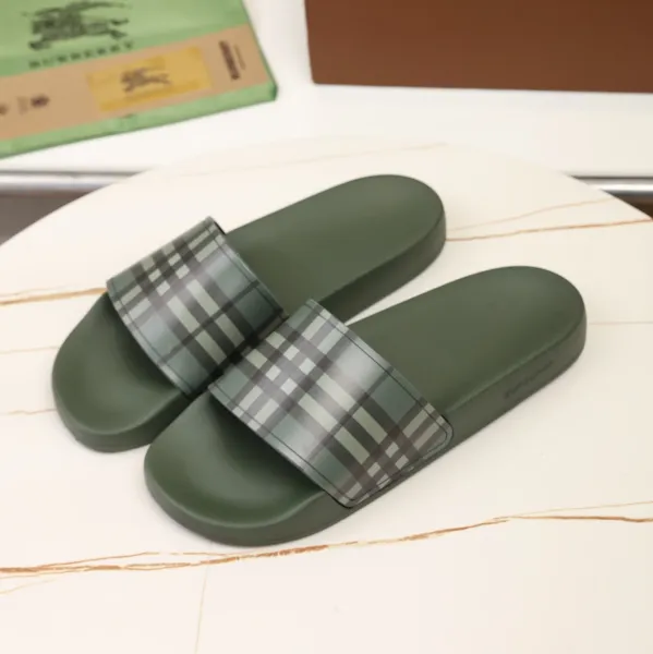 Burberry Check-Strap Slide Sandals Olive Green Slippers - 1