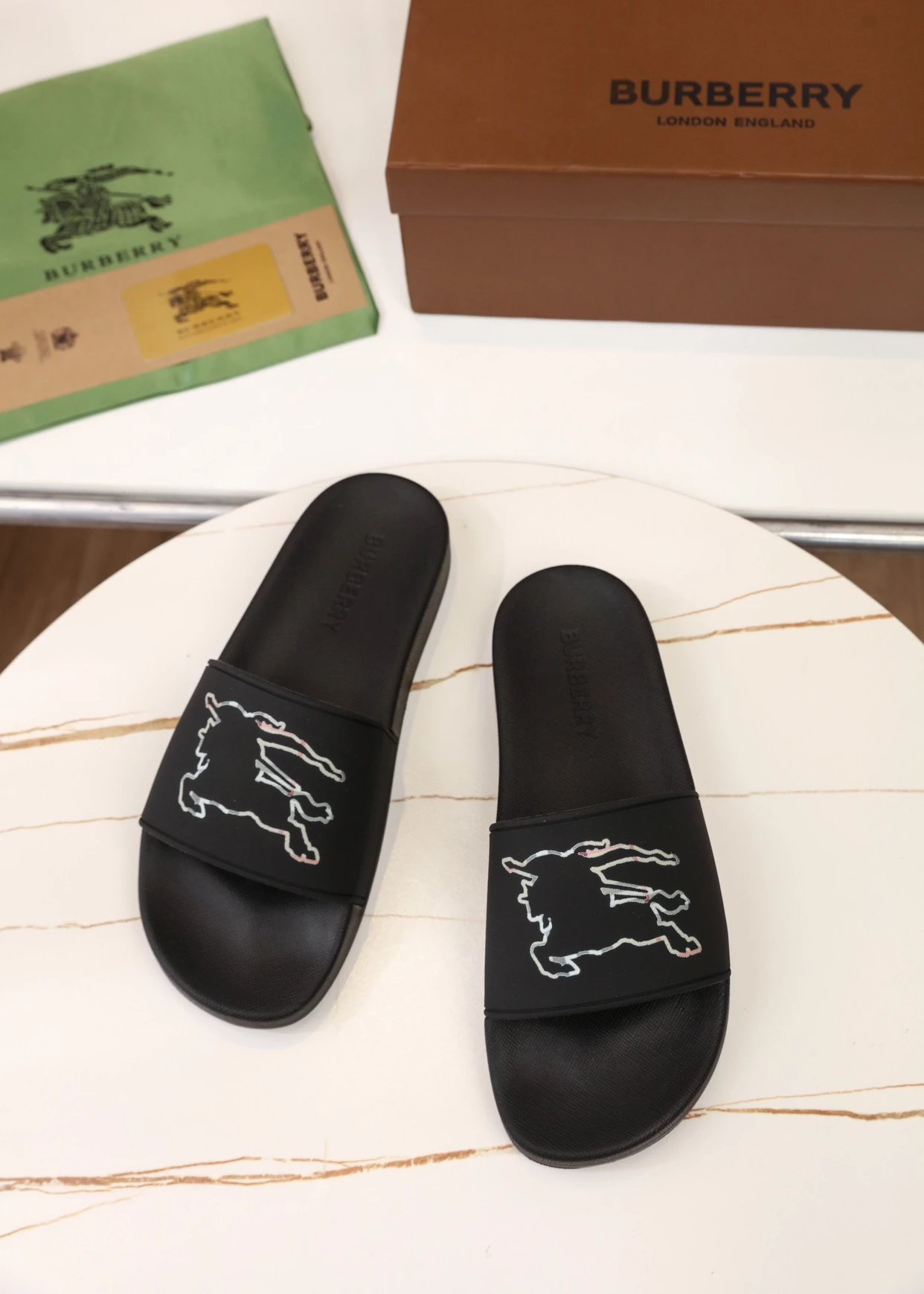 Burberry Equestrian Knight Slide Black Slippers - 14