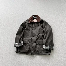 thumbnail for Special offer with no after-sales service: British retro BARBOUR tough guy oil lacquered leather jacket with corduroy small lapel collar