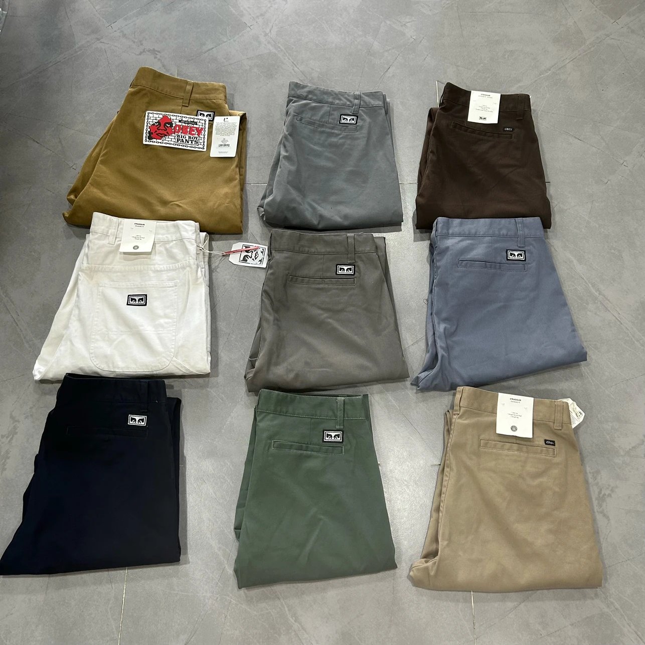 Set of 24 Pants in 9 Colors, Full American Style, Authentic OBEY Pure Cotton Twill Woven Trousers