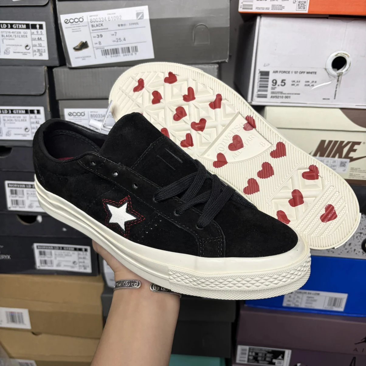 Converse One Star Black Suede with Red Heart Sole Sneakers Skateboard Shoes