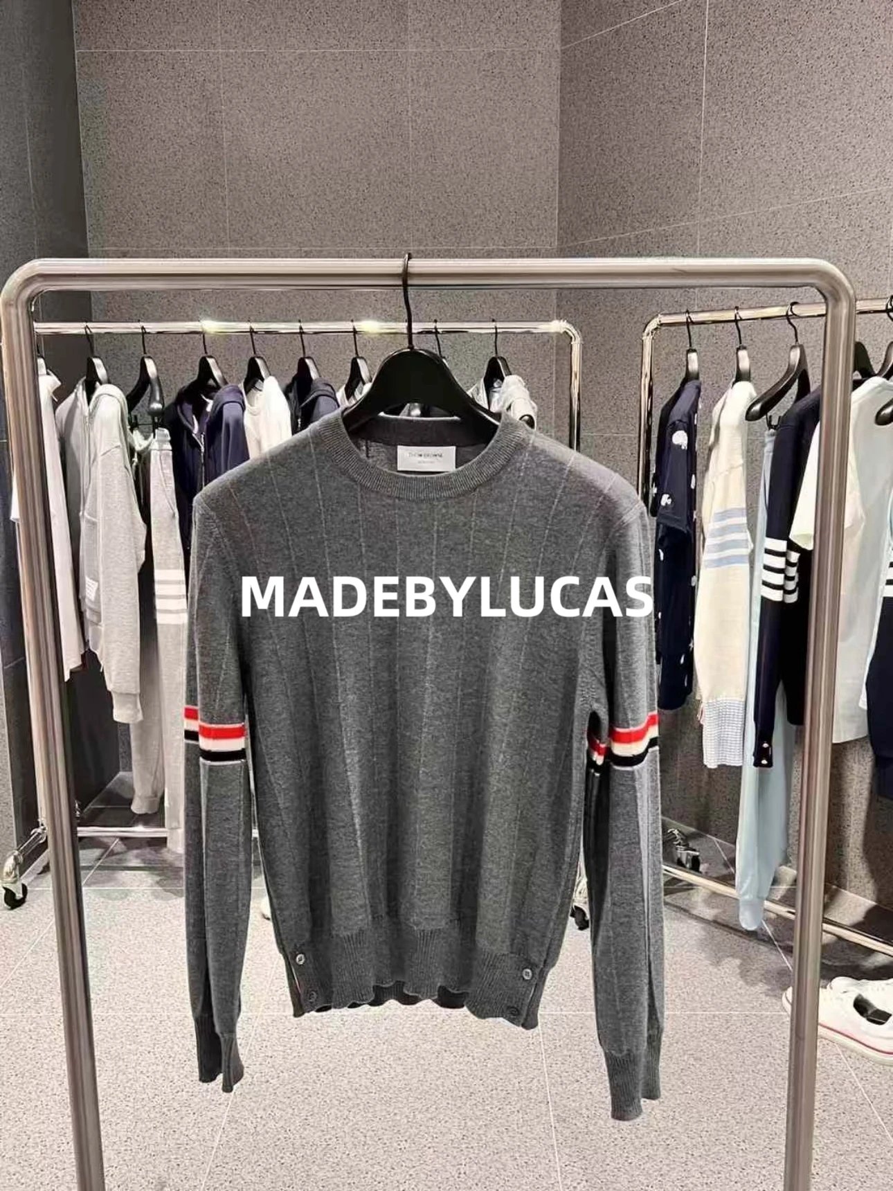 Made by Lucas/Striped Round Neck Medium Grey