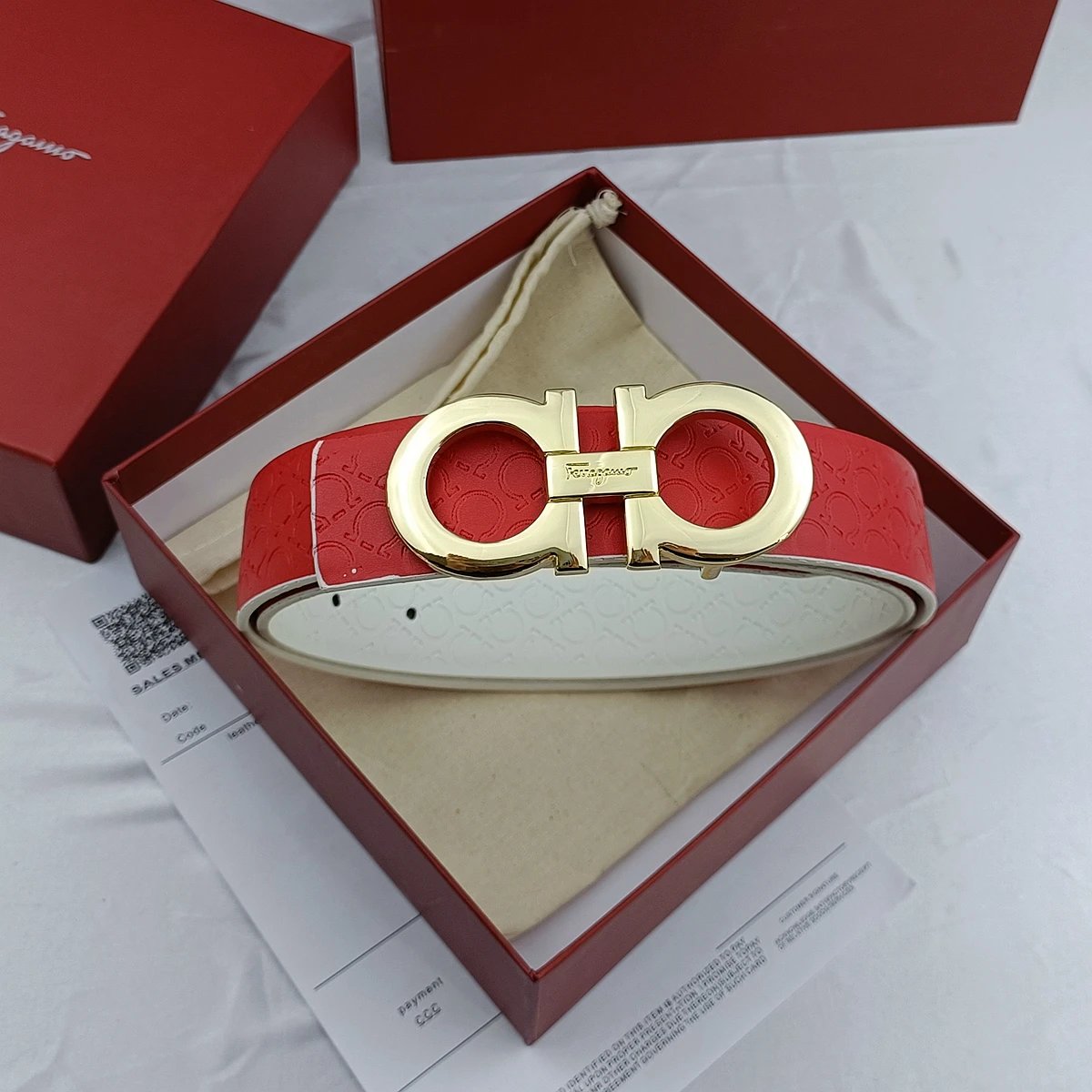 Ferragamo Gancini Reversible Belt Red White Gancini Embossed