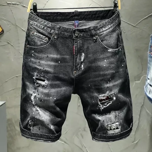 Distressed Black Denim Shorts with Paint Splatter and Ripped Details - 1