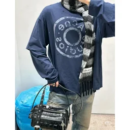 thumbnail for 🆕26 Pre-spring series [midnight blue fake two-piece] high-quality AC home round label distressed print washed hole distressed fake two-piece long-sleeved T-shirt for men and women