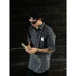 thumbnail for Special offer [Hou Minghao style] High-quality BLCG black checkered bullet hell, pocket lapel, short-sleeve shirt, unisex