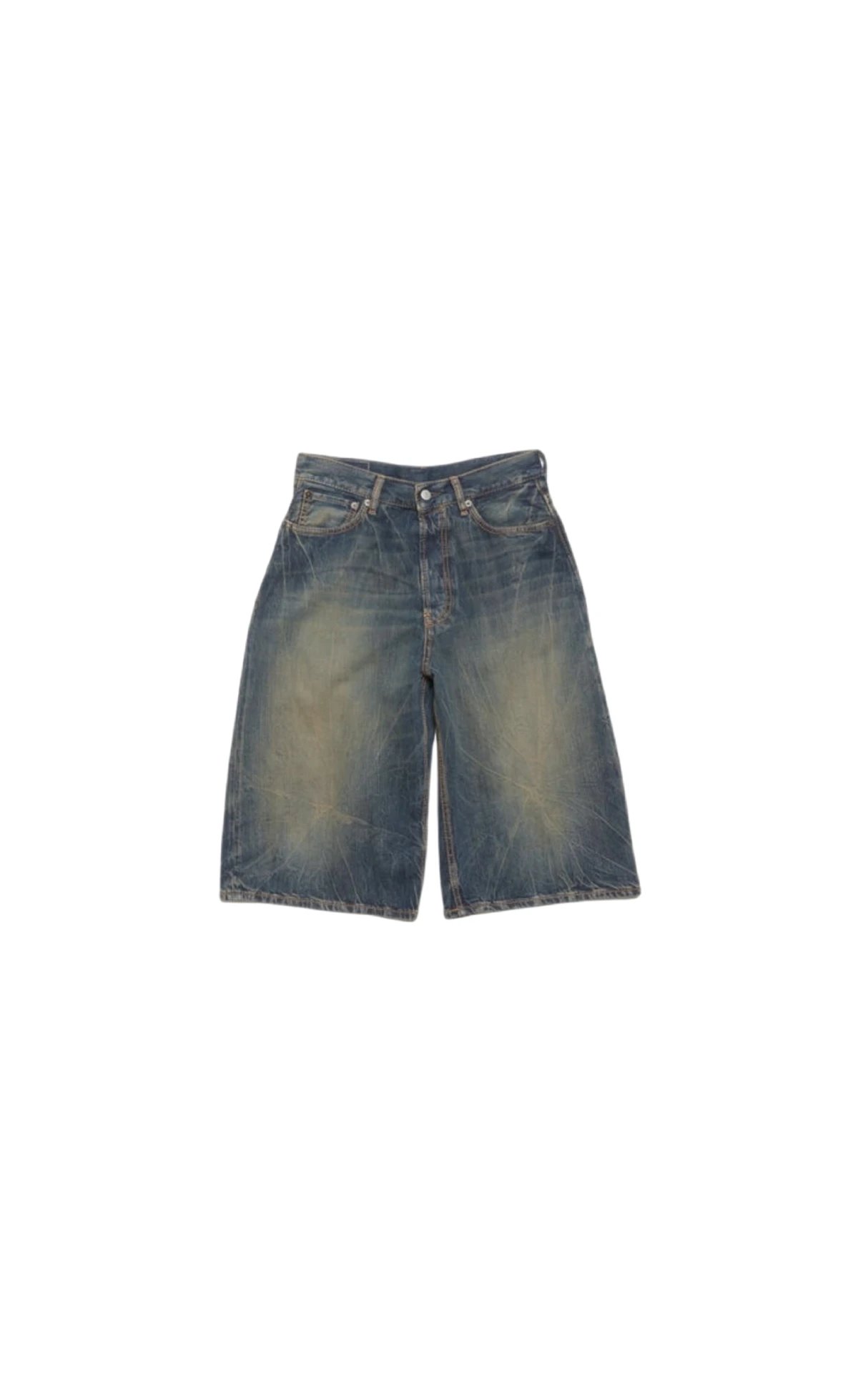 Acne Studios Distressed Bermuda Denim Shorts, Bamboo Texture, Yellow Vintage Wash 1