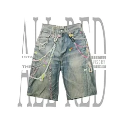 thumbnail for (In stock) AC Style SS25 Candy Chain 3D Print Vintage Distressed Wide-leg Loose Denim Shorts
