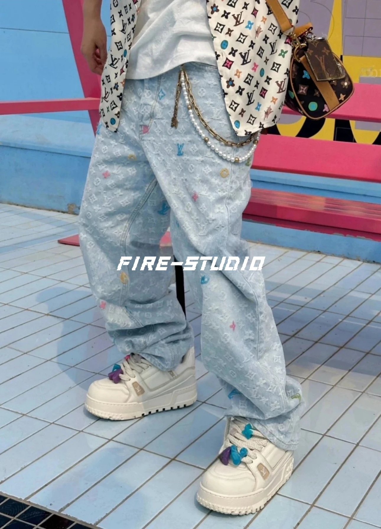 [Ceiling] 24SS New Pharrell x Tyler Co branded Black Pattern Full Print Color Jacquard Embroidery Washed Jeans Casual Pants for Men and Women
