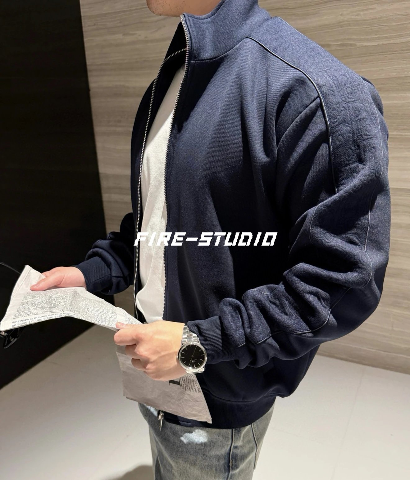 CD 25FW New Oblique Dark Pattern Full Print Side Ribbon Stand up Collar Zipper Jacket Jacket for Men and Women