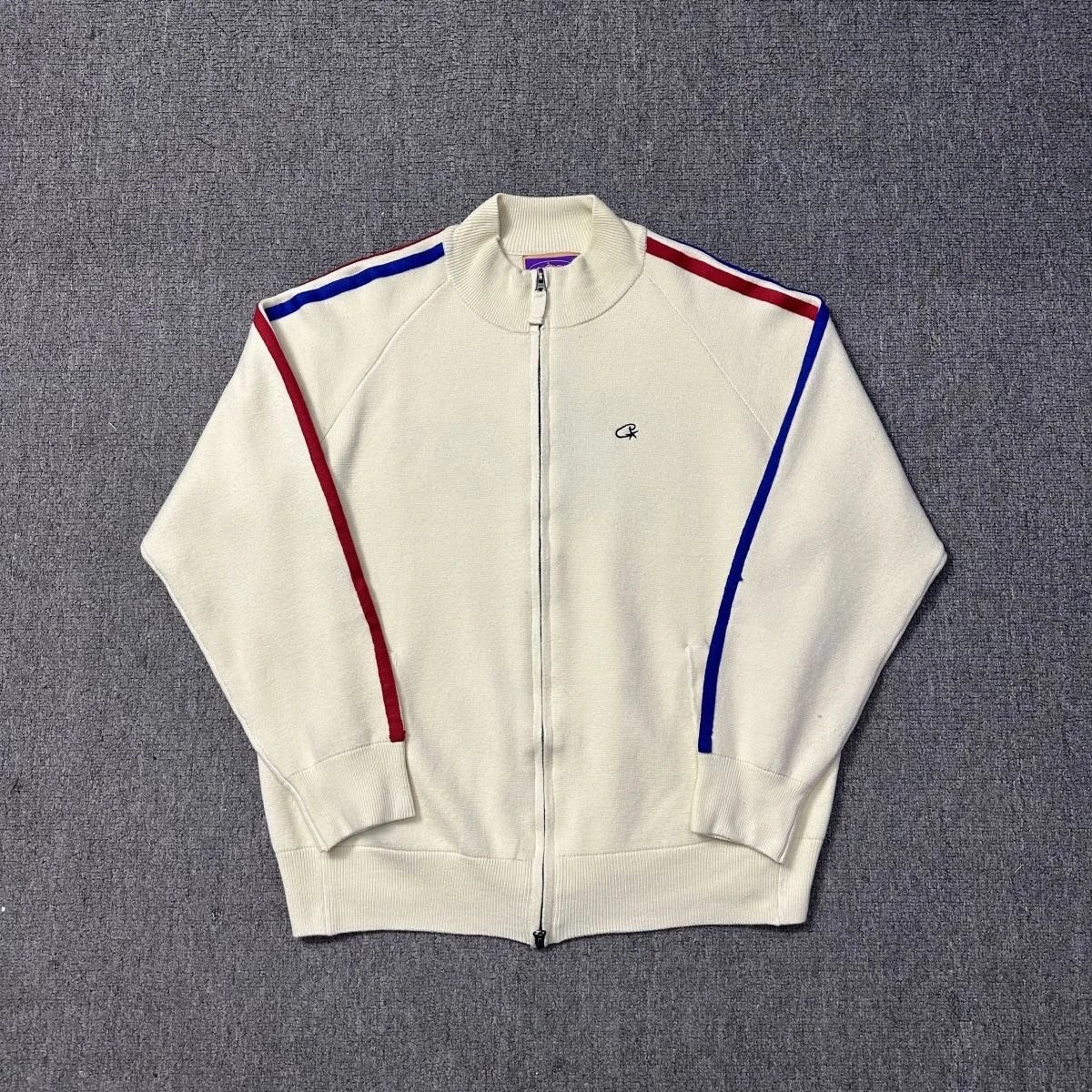 Champion Champion Reverse Weave Track Jacket in Cream with Red and Blue Stripes Cream