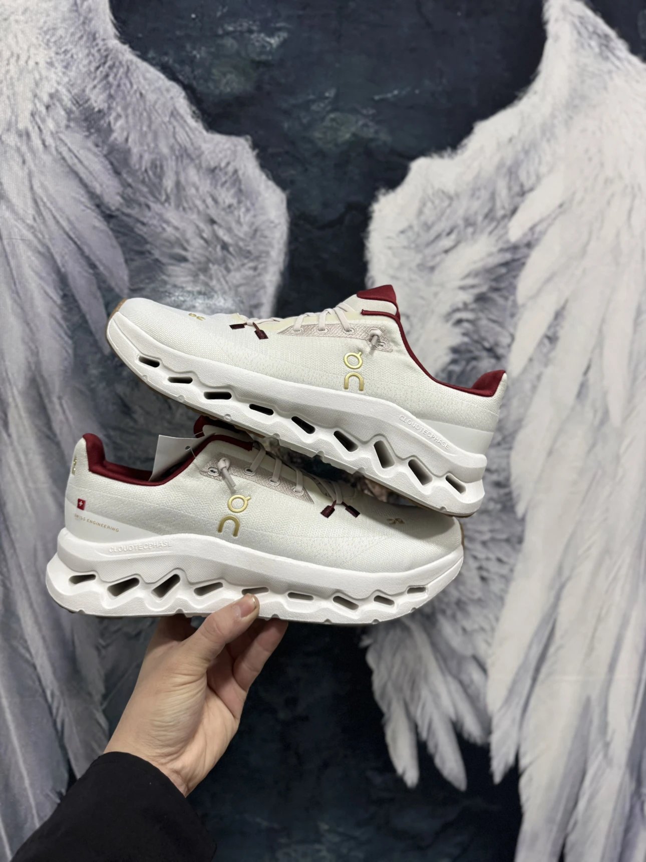On CloudTec Phase White Burgundy Gold Sneakers Running Shoes