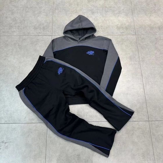 Splicing fleece hooded sweatshirt and sweatpants casual set