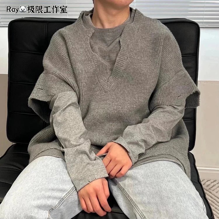 [Ray Core] [Ceiling Price] Genchy GvC Givenchy Deconstructed Cut Layered Fake Three-Piece Sweater Runway Heavy-Duty Distressed High-Gram Wool Sweater SS23 Solid Color Layered Crew Neck Pullover Long Sleeve Sweatshirt Unisex Cotton Jacket Autumn Winter New Hot Seller Unisex Couple Style Sports