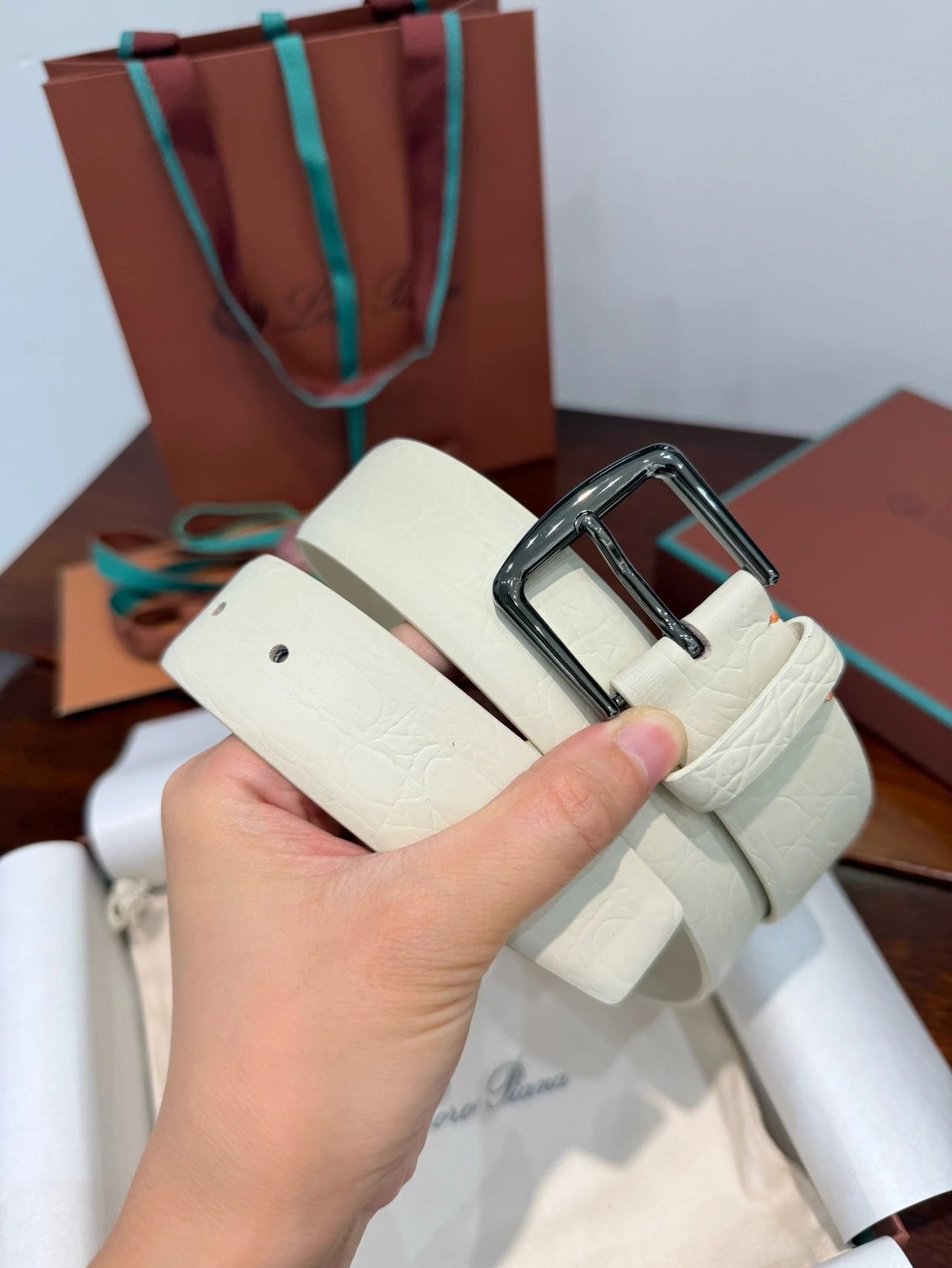Loro Piana Business Casual Leather Belt with Rectangular Metal Buckle, 3.5cm Wide