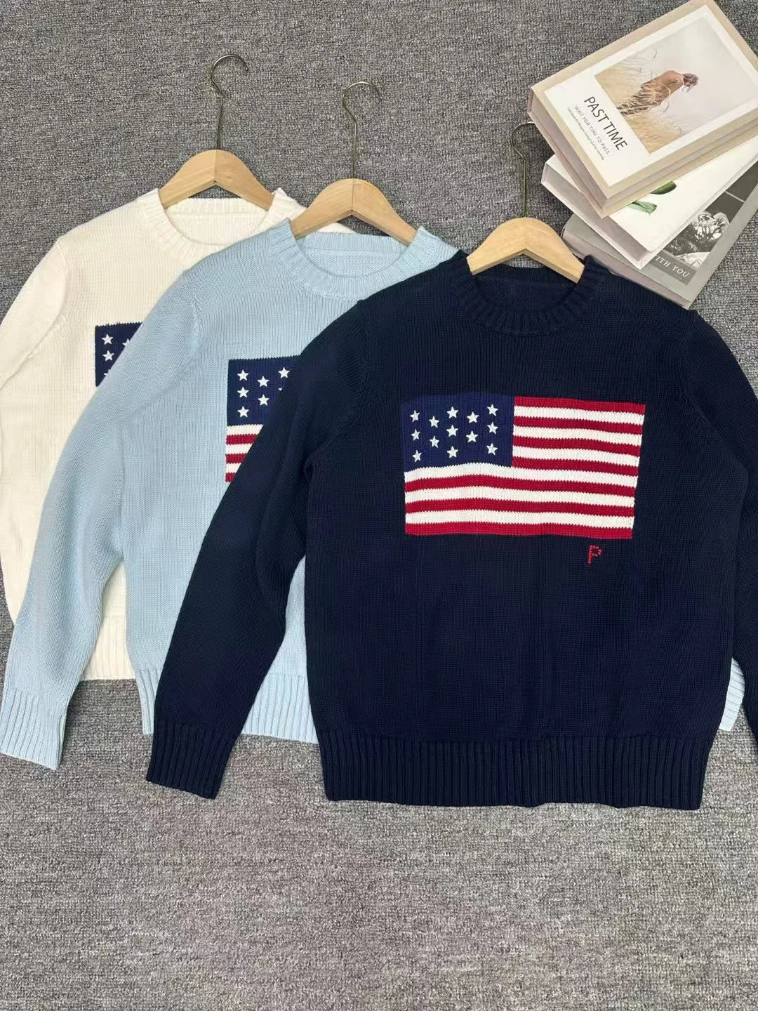 RL/Xiaoma Scan Code 2025 Autumn/Winter New Cotton Heavy Industry Embroidered US Flag Round Neck Knitted Sweater for Men and Women