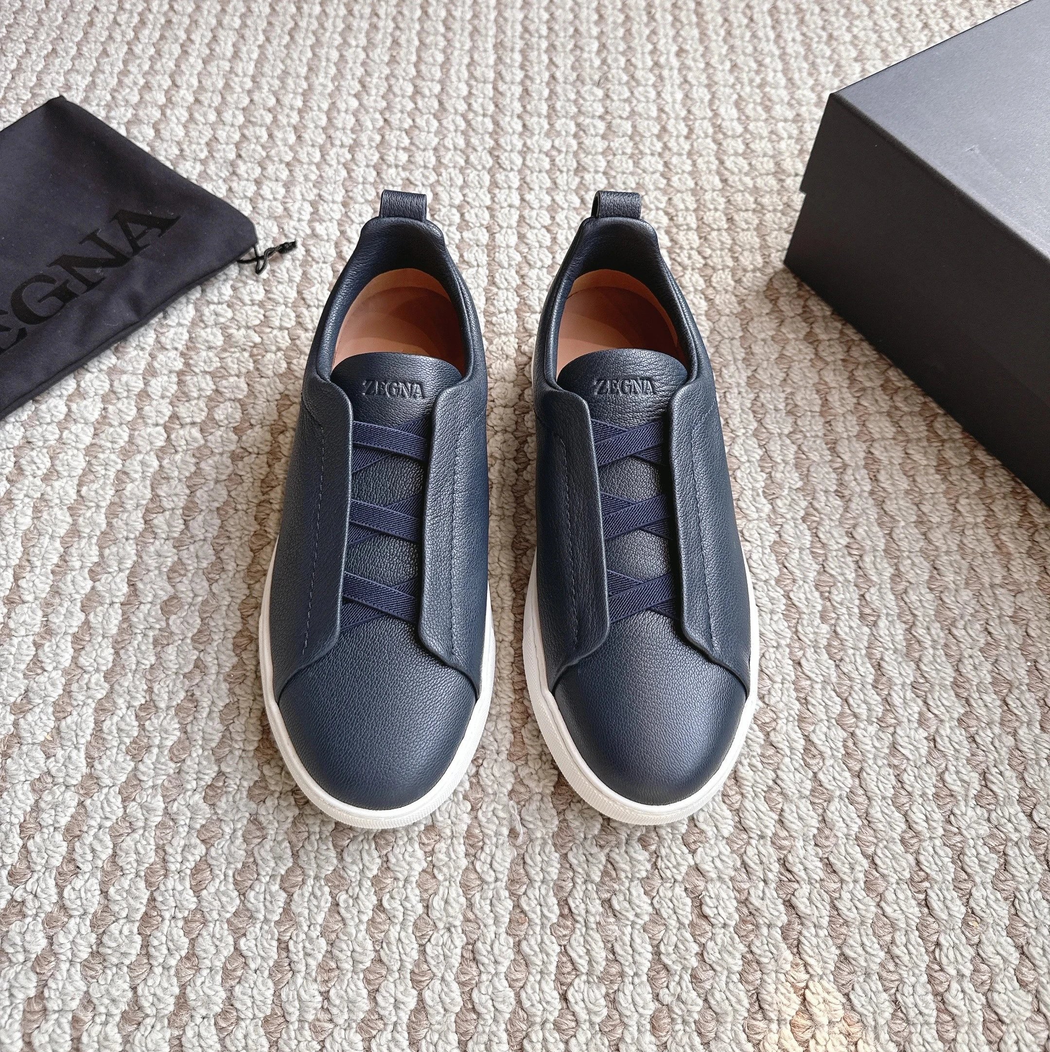 Zegna Oasi Slip-On Navy Leather Sneakers - 1