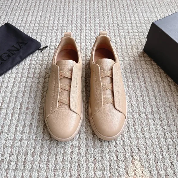 Zegna Oasi Leather Slip-On Sneakers Beige - 1