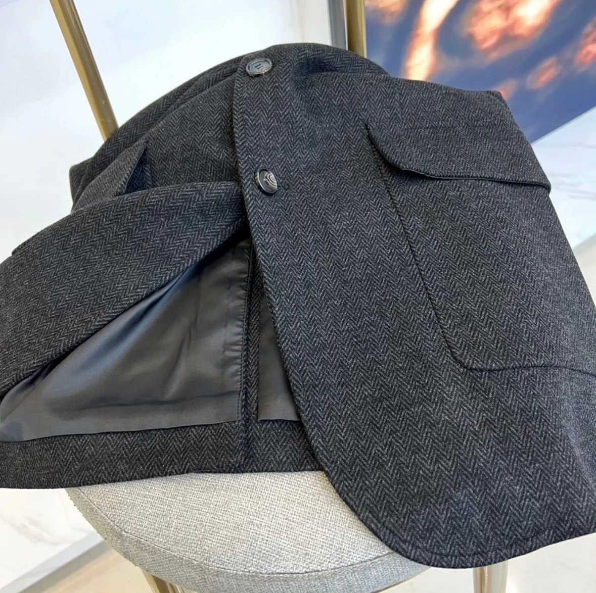 Design Mandarin Collar Wool Blazer Beige Outerwear - 13