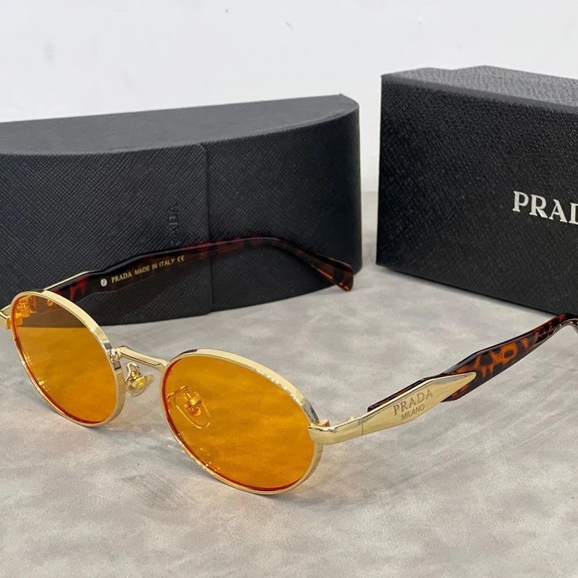 Prada Oval-Frame Metal Sunglasses Gold Havana Orange