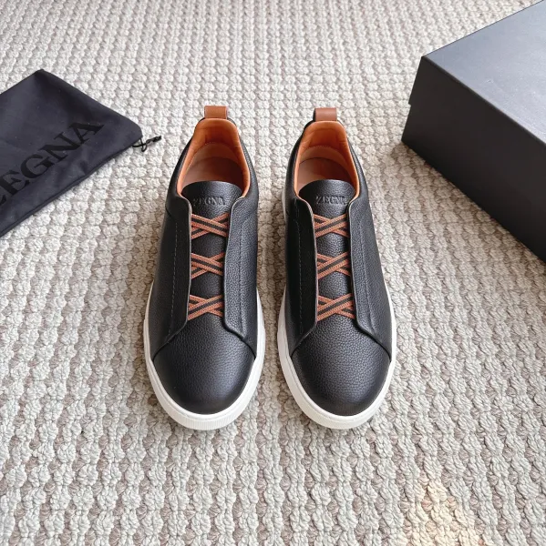 Zegna Oasi Leather Slip-On Sneakers Black with Cognac Accents - 1